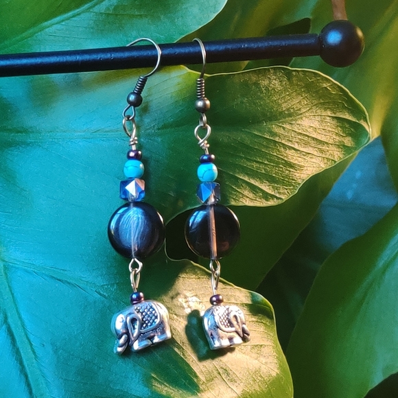 Smokey Quartz, Elephant Charm, Dyed Howlite Earrings - Picture 9 of 16
